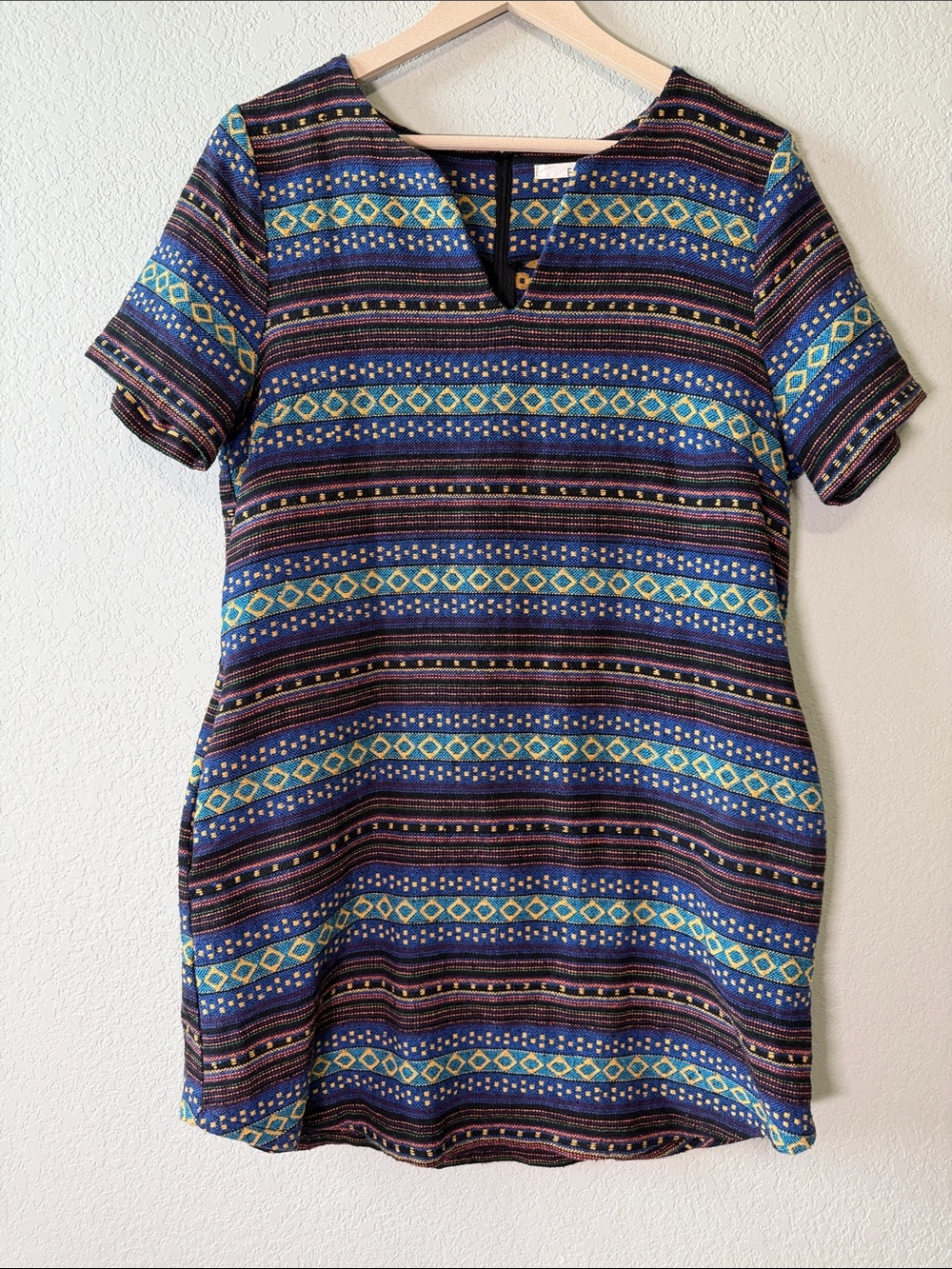 Ellison Multicolor Striped Tribal Short Sleeve Dress Size Large Embroidered